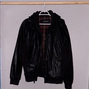 Guess Black Leather Bomber Jacket with Hood